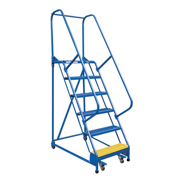 A blue steel Vestil slope ladder with metal steps and yellow grip handles.