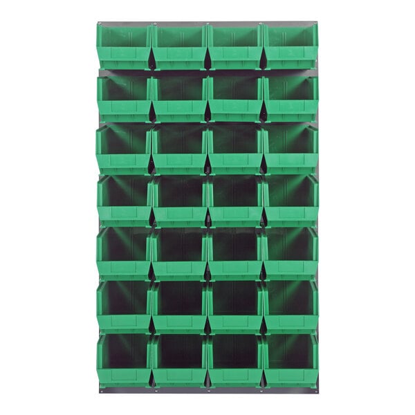 A white Quantum louvered panel with green plastic bins.