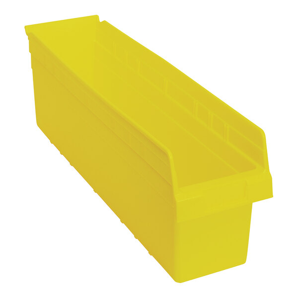 A yellow Quantum plastic shelf bin with two compartments.