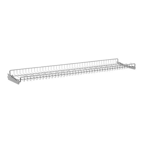 A 48" x 13" metal shelf with wire mesh on a white background.