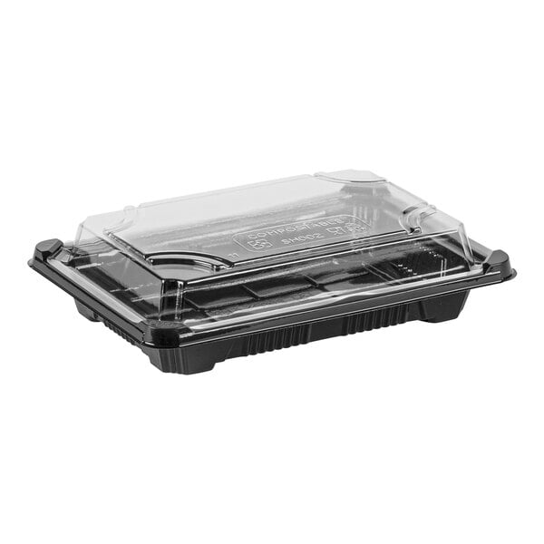 A Stalk Market compostable plastic sushi tray with a clear lid.