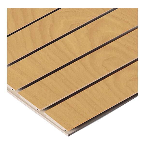 A close-up of a maple wood vertical slatwall panel.