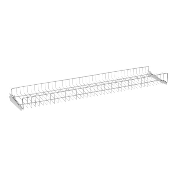 A zinc finish wire shelf for gondola shelving.