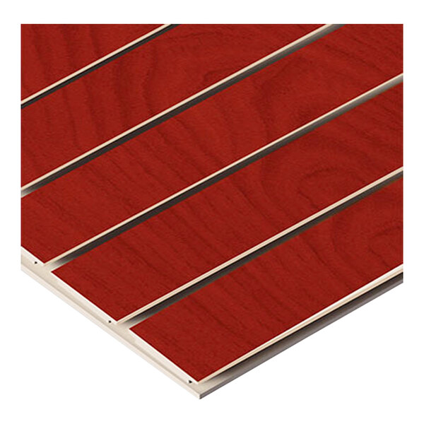 A close-up of a cherry wood vertical slatwall panel.