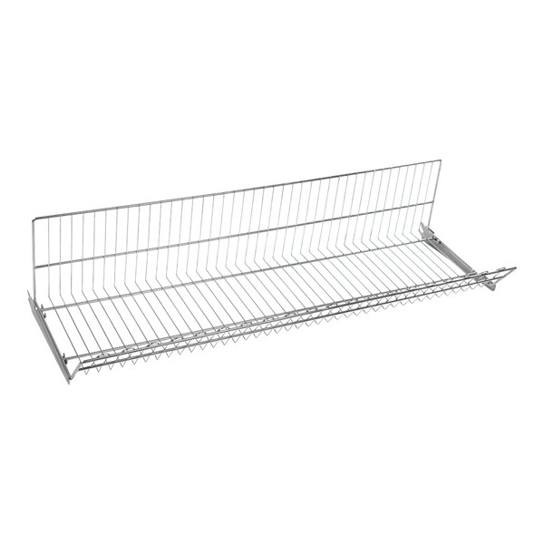 A wire basket shelf with a zinc finish on a white background.