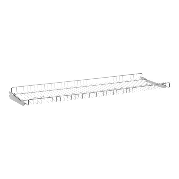 A zinc finish metal wire shelf for gondola shelving.