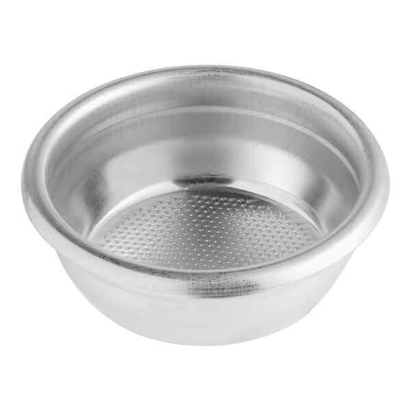 A silver stainless steel double cup filter bowl with a hole in it.