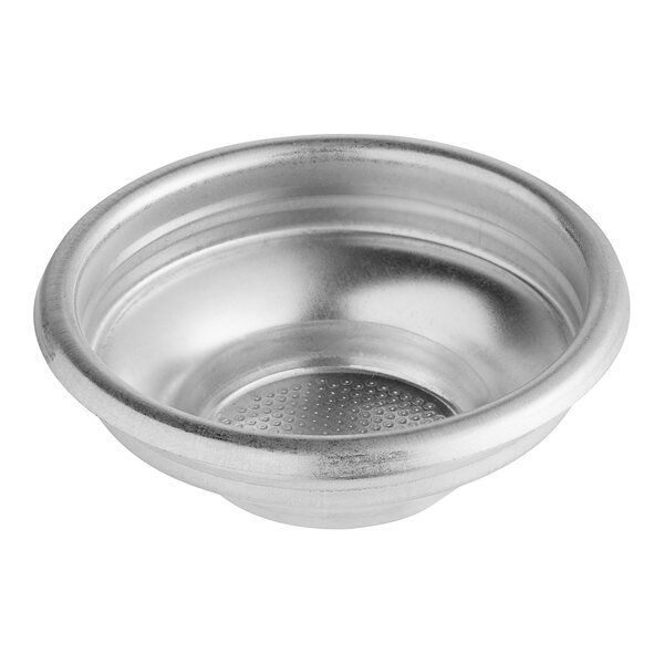 A close-up of a silver metal bowl with holes in the bottom.