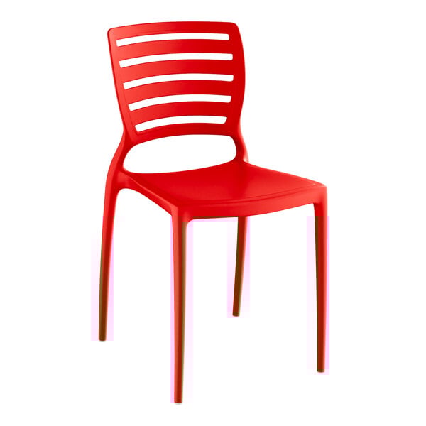 A red Lancaster Table & Seating resin side chair.