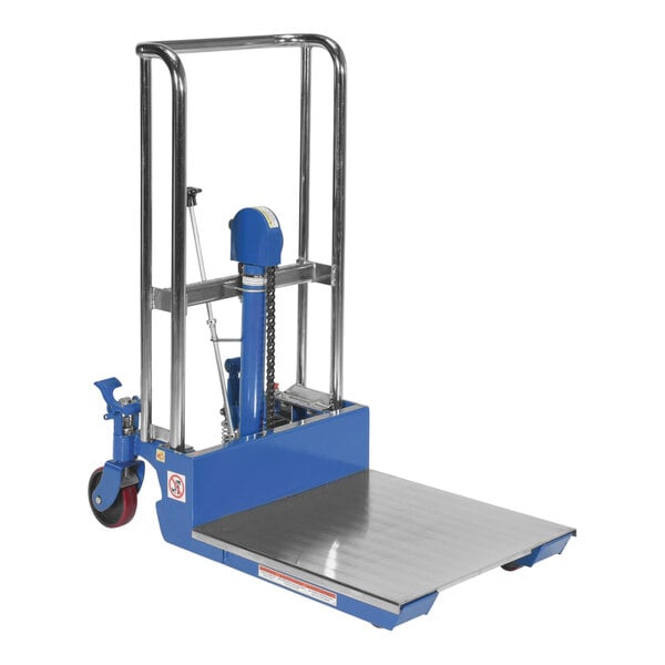 A blue and silver Vestil hydraulic lift with a blue platform.