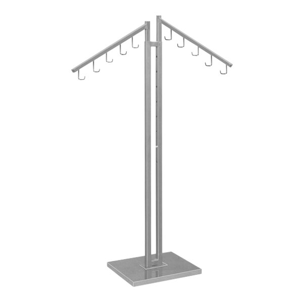 A metal pole with two hooks on it.