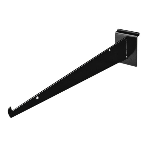 A black metal 12" shelf bracket for slatwall shelves.