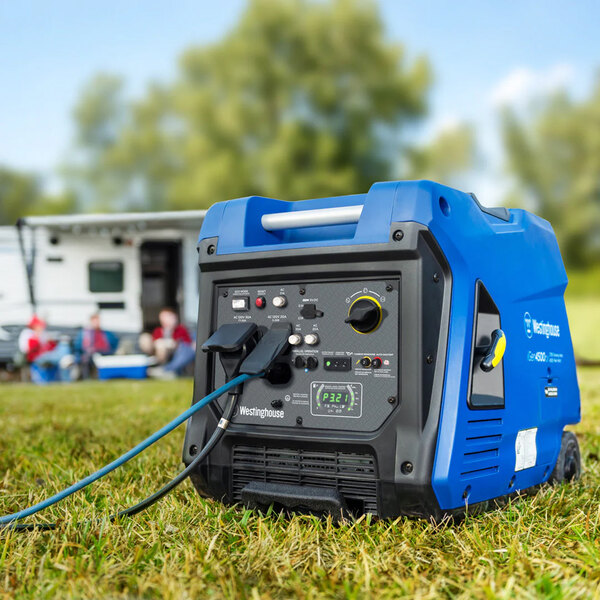 A person in a red hat uses a Westinghouse iGen4500CV portable inverter generator to power an outdoor catering setup.