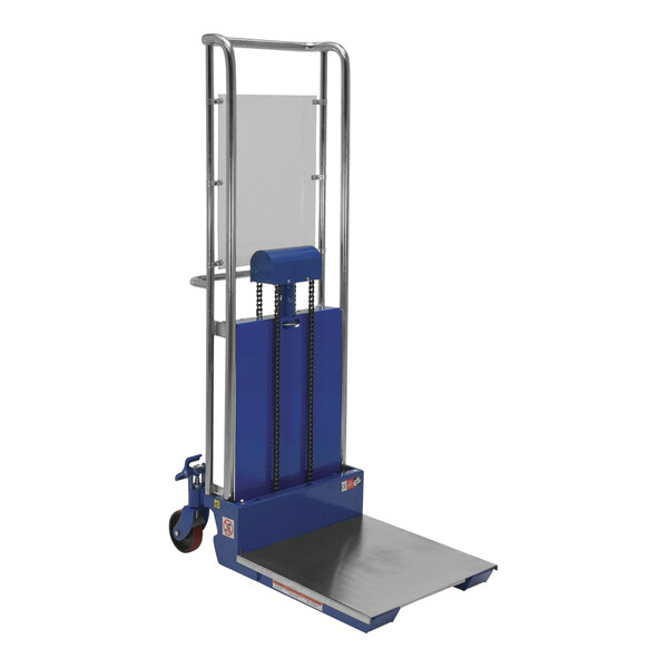 A blue and silver Hydraulic Lift with a large platform.
