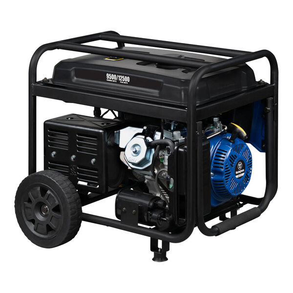 A black and blue Westinghouse portable generator with wheels.