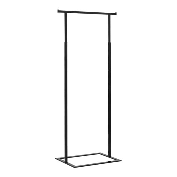 A black metal 24" x 18" x 72" mobile single hangrail adjustable ballet bar clothing rack.