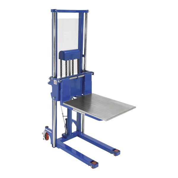 A blue and silver Vestil HYD-15 hydraulic lift with a metal table on top.