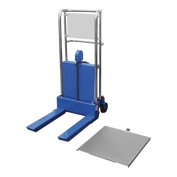 A blue Vestil hydraulic lift with silver forks and a platform.