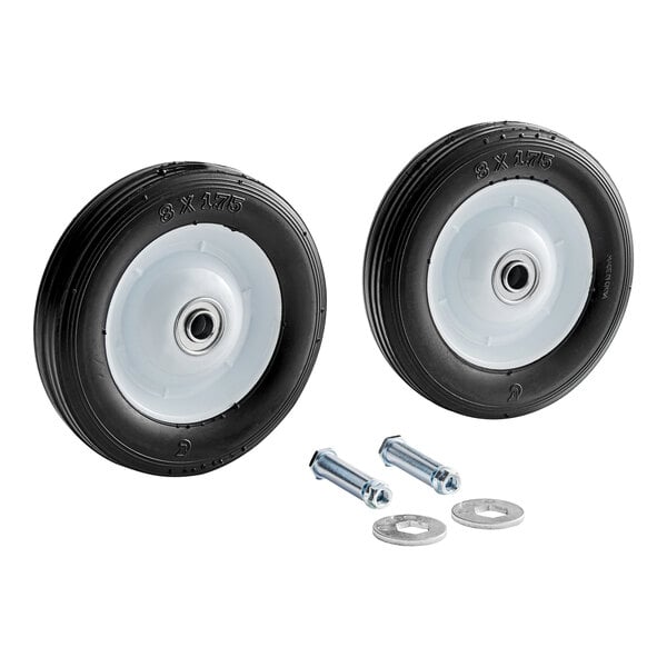 A pair of black wheels with white rims and screws.