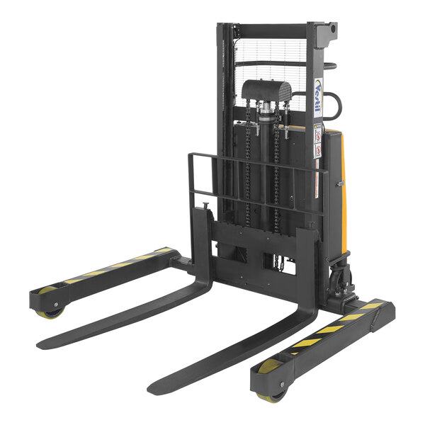 A black and yellow Vestil semi-electric forklift with two wheels and a handle.