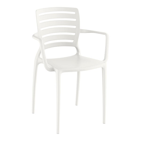 A close up of a Lancaster Table & Seating white resin arm chair with legs and armrests.