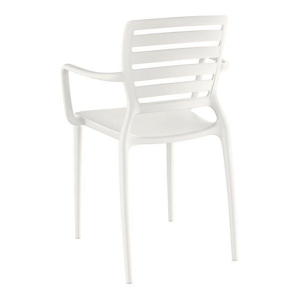 A Lancaster Table & Seating white resin arm chair with a white back and armrests.