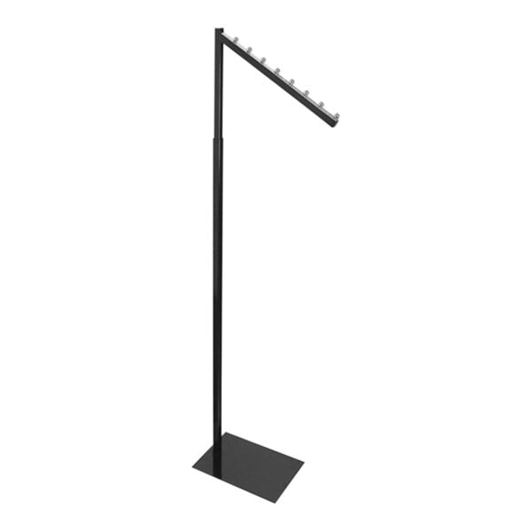 A chrome metal pole with a black base and waterfall arm.