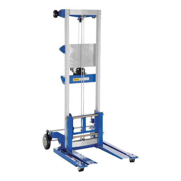 A blue and white Vestil hand winch forklift cart with a blue handle.