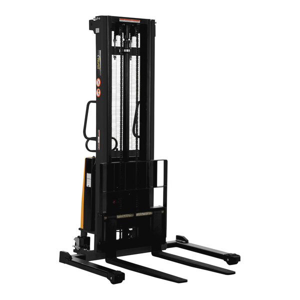 A black and yellow Vestil semi-electric forklift stacker with adjustable forks.