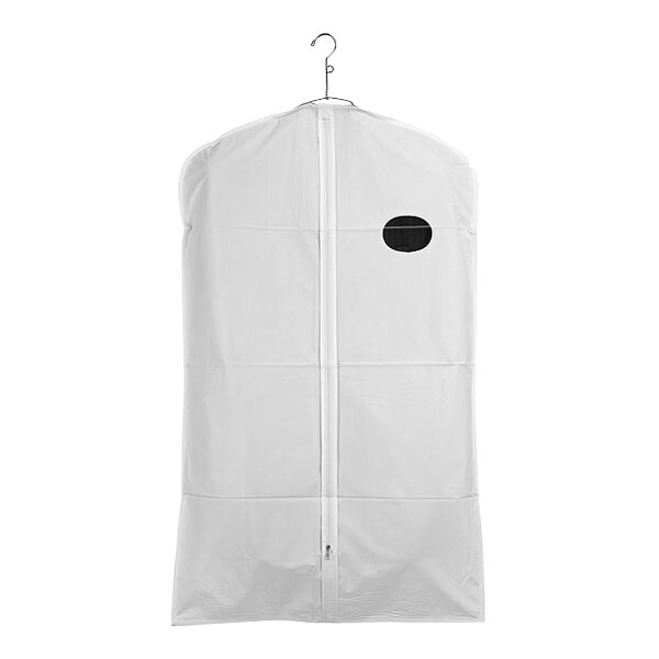 A white vinyl zippered garment bag hanging on a white background.