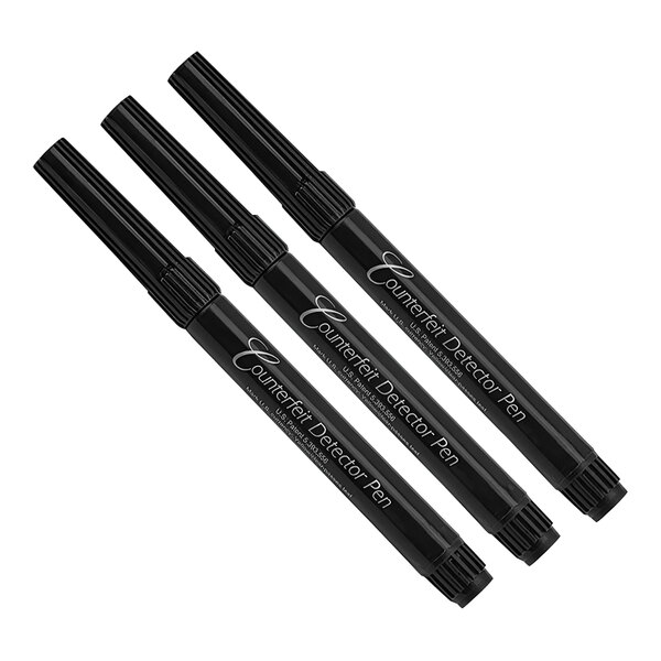 A close up of three black counterfeit bill detector pens.