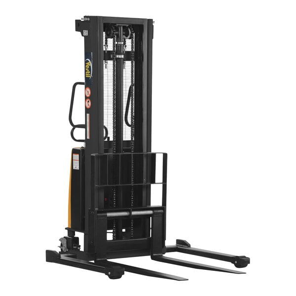 A black and yellow Vestil semi-electric forklift stacker with adjustable forks.