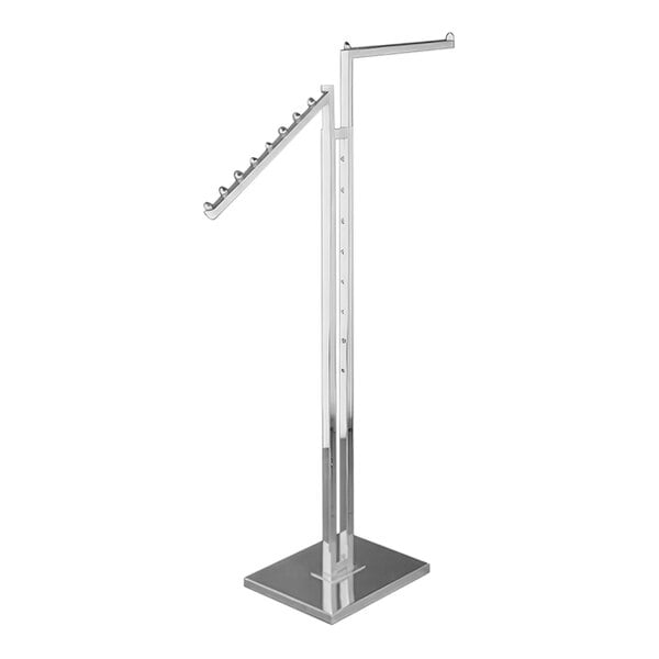 A silver metal 2-way clothing rack with 1 straight and 1 slant arm.