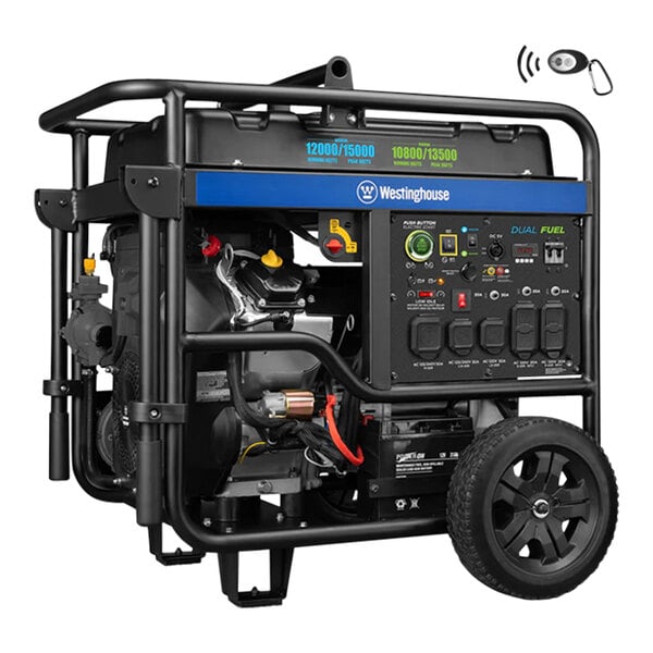 A black Westinghouse portable generator with wheels.