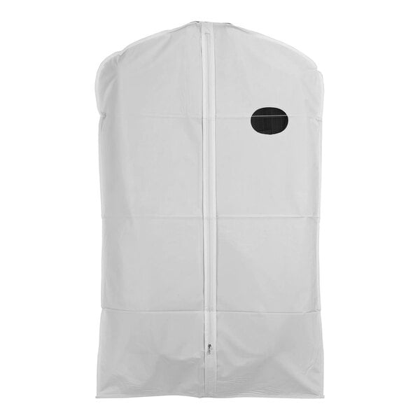 A white vinyl garment cover with an oval window.