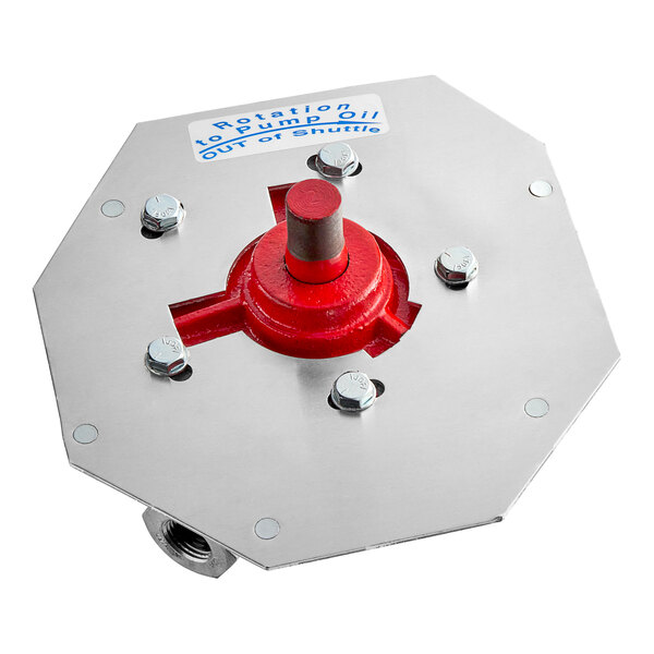 A metal Shortening Shuttle pump assembly with a red knob.