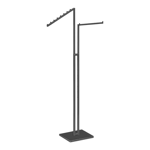 A black metal 2-way clothing rack with 1 straight arm and 1 slant arm.