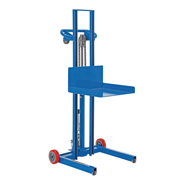 A blue Vestil hydraulic lift with red wheels.