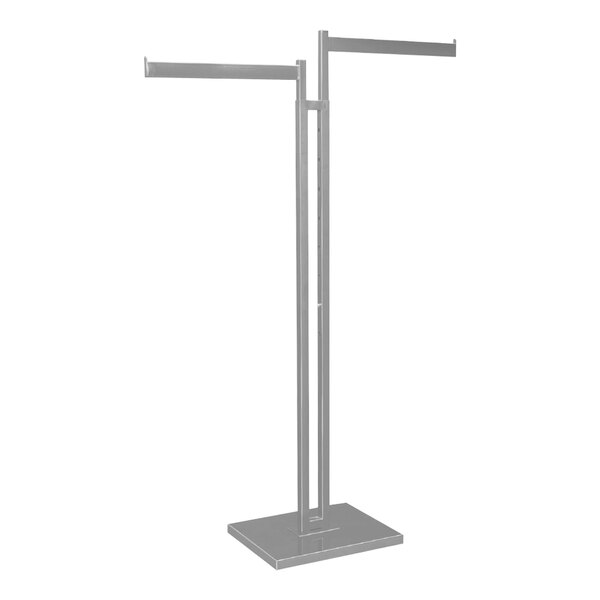 A chrome metal clothing rack with two straight arms.