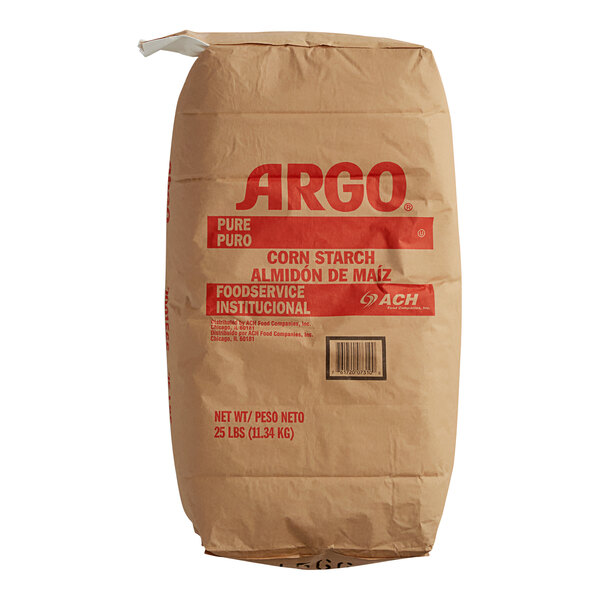 A brown Argo Corn Starch bag with red and white text.