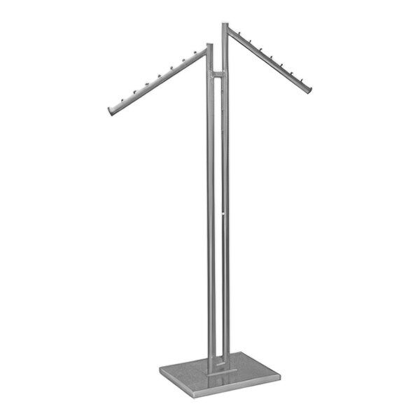 A silver chrome metal 2-way clothing rack with slant arms.