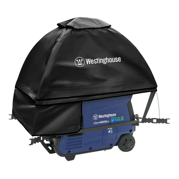 A blue and black Westinghouse iGenTent cover on a portable generator.