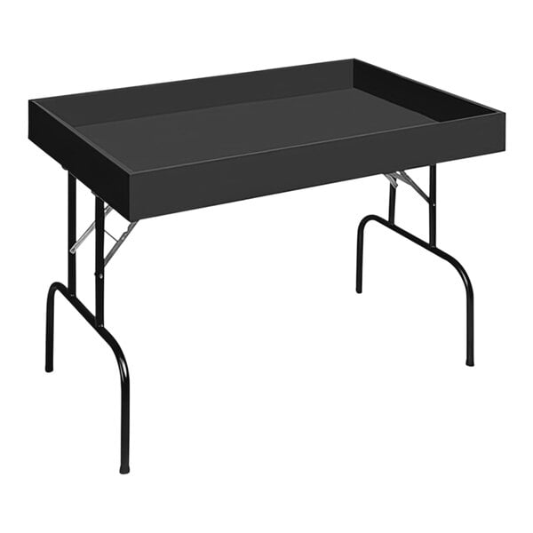 A large black folding rectangular dump table with legs.