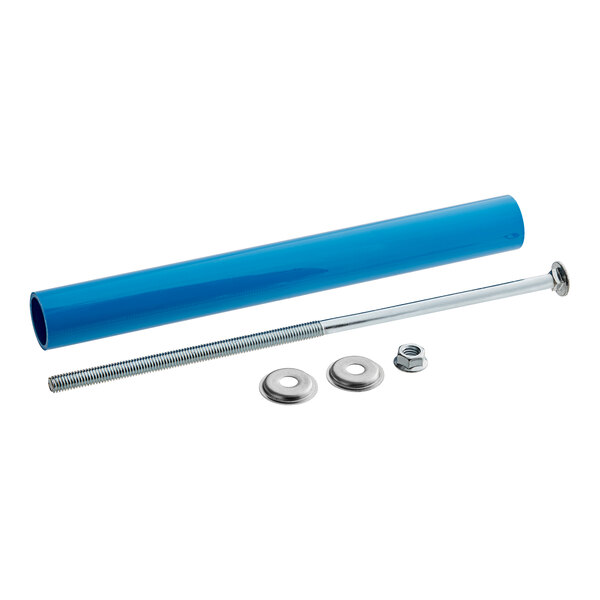 A blue cylinder with a metal rod and two nuts and bolts.