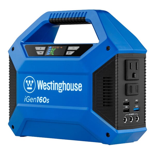 A blue and black Westinghouse iGen160s portable power station.