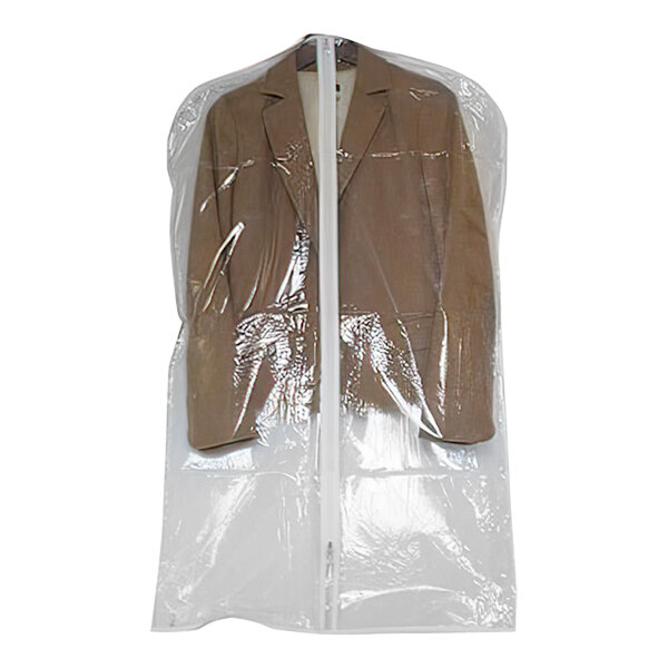 A clear vinyl garment bag with a jacket inside.