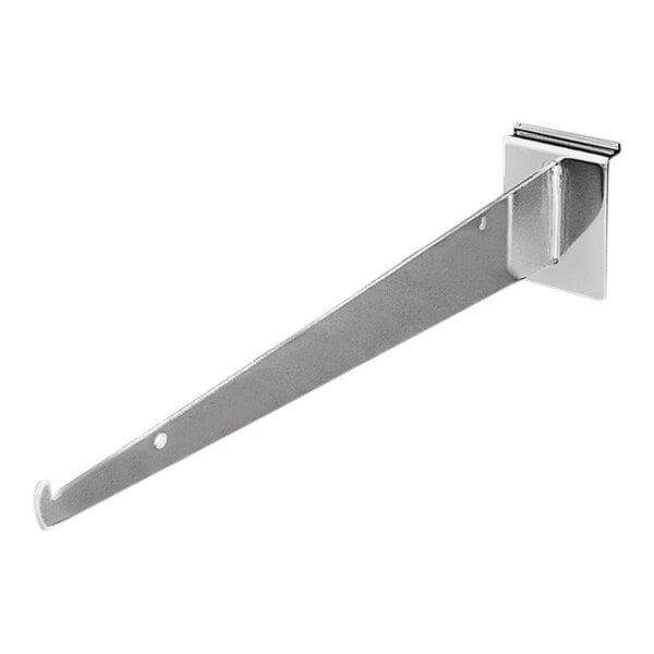 A chrome steel shelf bracket for slatwall shelves.