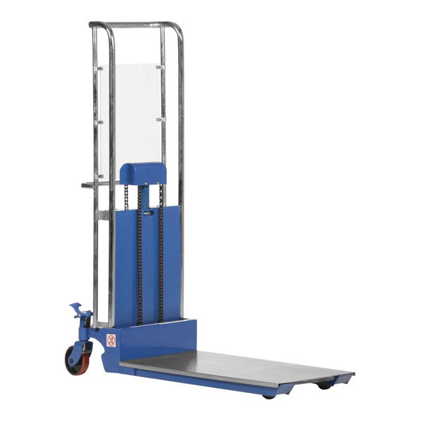 A blue and silver Vestil Hefti-Lift cart with a steel platform.