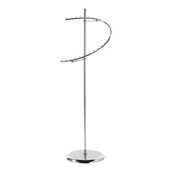 A silver metal spiral clothing rack with a circular base.