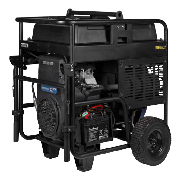 A black Westinghouse portable generator with white details and wheels.